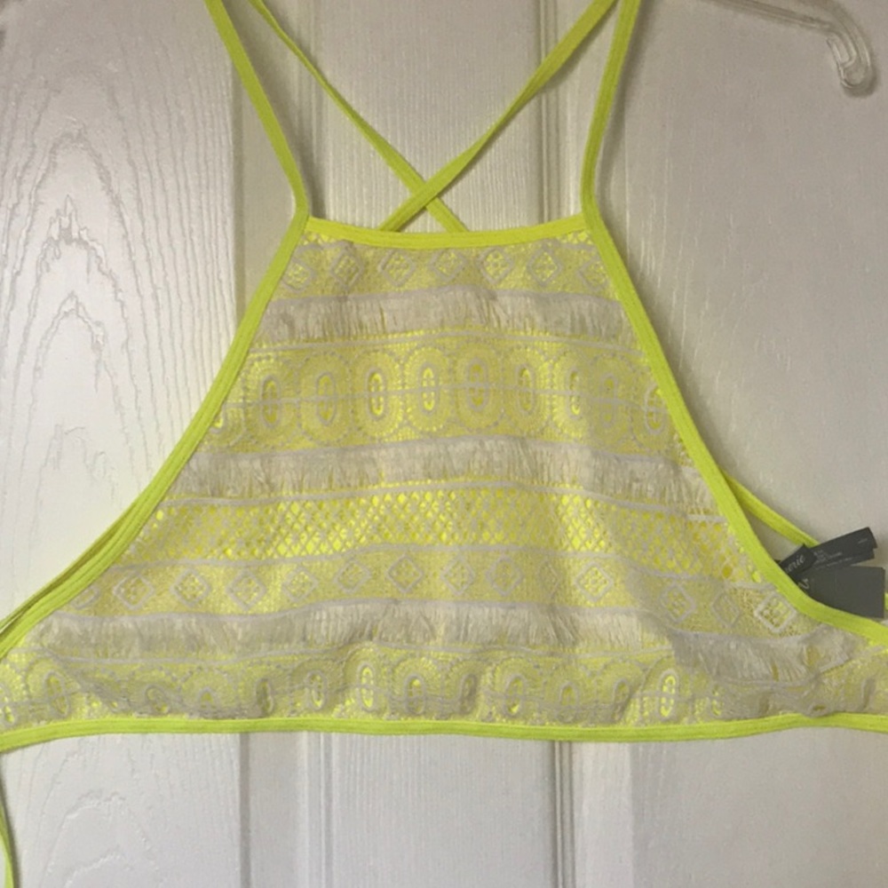Aerie Acid Yellow Fringe Crochet Crop Swim adjustable Top RARE